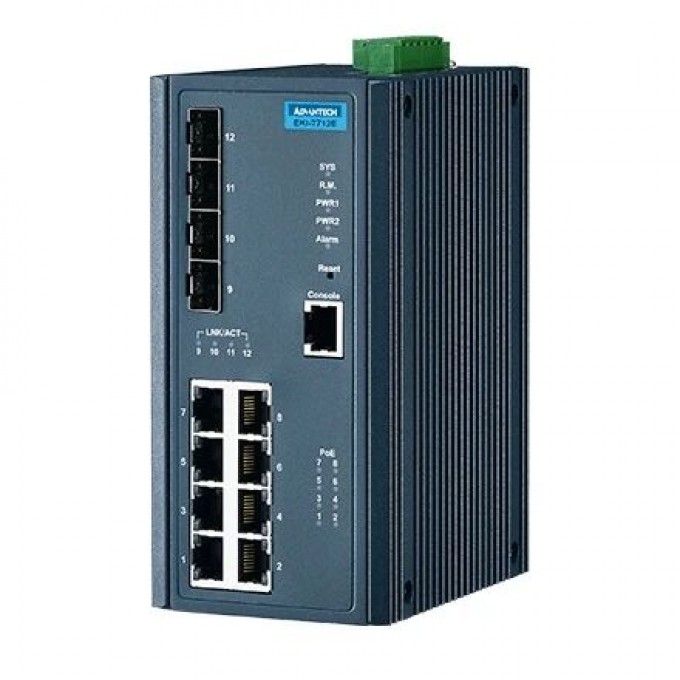 Управляемый коммутатор Ethernet ADVANTECH EKI Серия с 8 портами PoE+ и 4 SFP портами EKI-7712E-4FP-AE